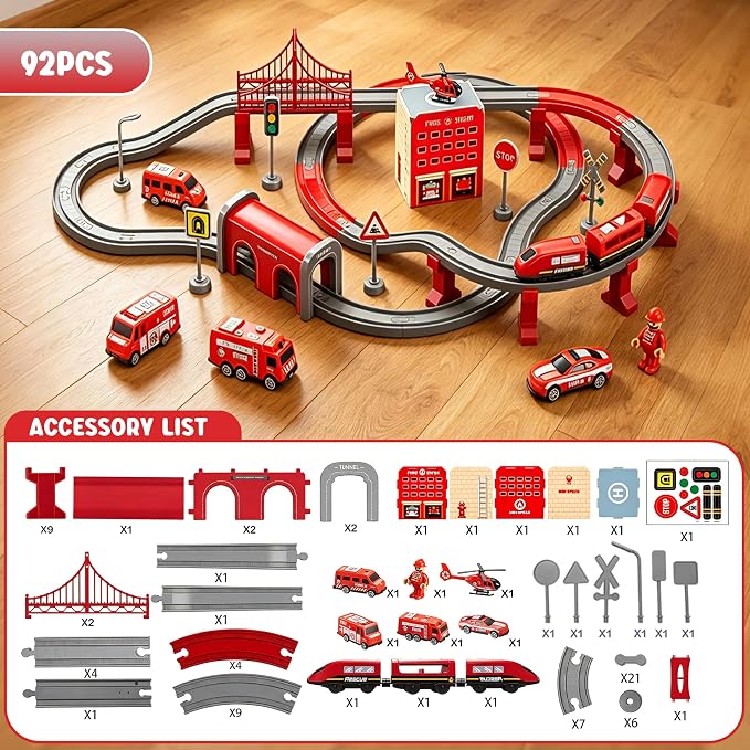 Wdmiya Train Set for Toddlers, 92 Pcs Train Toys for Kids Ages 2-8, Electric Trains Sets with Tracks (Magnetic Connection), Battery Operated Trains Birthday Gift for 2 3 4 5 6 7 (Fire 92 Pcs)