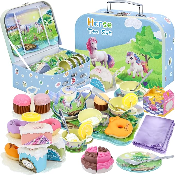 Tea Party Set for Toddlers 3-5, 50PCS Horse Tin Tea Sets for Little Girls with Metal Teapot, Cake Stand, Desserts & Carrying Case, Kids Kitchen Pretend Play Birthday Gift for Girls Age 3 4 5 6 7 8