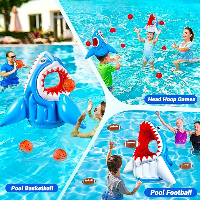 Shark Pool Toys, 3-in-1 Inflatable Pool Floats Basketball & Football & Head Hoop Swimming Pool Games, Summer Outdoor Water Games Beach Family Party Gift for Kids Boys Girls