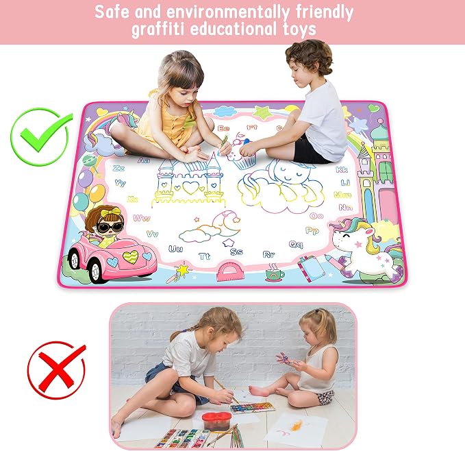 Water Doodle Mat- Kids Painting Writing Doodle Board Toy - Color Drawing Mat Bring Magic Pens Educational Toys for Age 2 3 4 5 6 7 8 9 Year Old Girls Boys Toddler Present