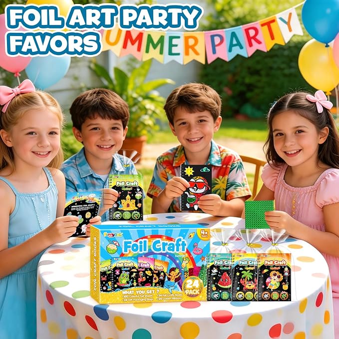 FUNNYB&G Foil Art Party Favors for Kids - 24 Pack Foil Art Crafts Kits Coloring Books, Goodie Bag Stuffers Party Favors for Kids 4-8 8-12, Bulk Birthday Classroom Prizes Girls Boys Gifts (Summer)