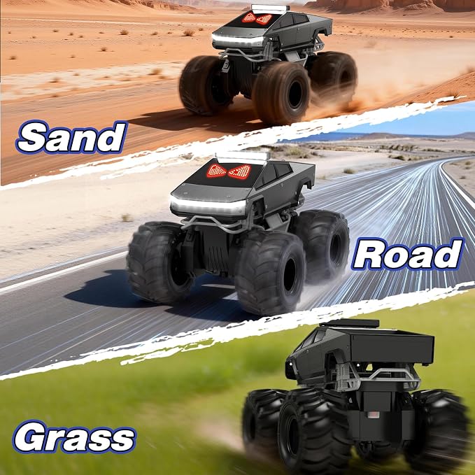 Remote Control Car with LED Dynamic Eyes, 1:18 Amphibious RC Cars, 4WD All Terrain Pickup, 2.4GHz Waterproof Cyber Truck, 360° Rotatable Monster Truck Toys for Boys Birthday Gifts Age 6 7 8 9+(Grey)