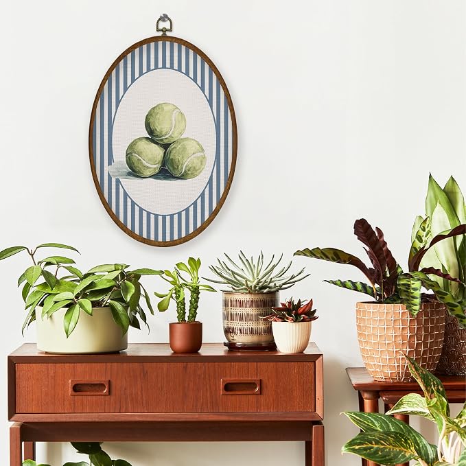 WULQYING Vintage Tennis Boy Nursery Wall Art Decor, Sports Room Oval Framed Canvas Art Prints, Blue Striped Tennis Ball Wall Hanging Decor for Kids Boys Room Bedroom Playroom, 8.6x11.4 Inches
