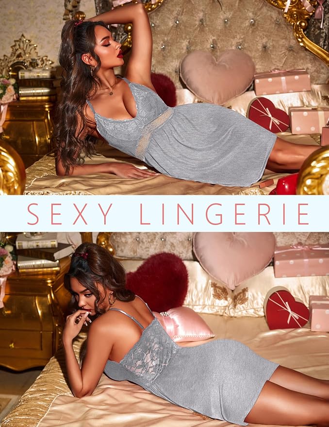 Ekouaer Lingerie for Women Sexy Nightgown Lace Trim Sleep Dress Chemise Nightgowns Sleeveless Night Gown Sleepwear S-3XL
