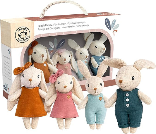 SPEEDY MONKEY Rabbit Family Set – Miniature Bunny Figures with Parents & 2 Baby Rabbits – Pretend Play Doll House Family for Kids, Toddlers, Girls – Cute Dollhouse Decor Toy