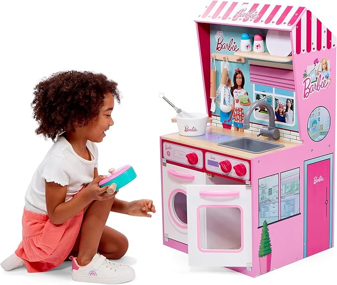 Klein Theo 2 in 1 Barbie Wooden and Metal Toy Kitchen and Dollhouse with Pretend Washing Machine and Oven for Kids Ages 3 and Up Integrated Dollhouse