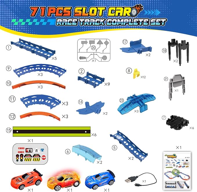 Glow Toy Car Race Track Set, 71 Pcs Glow-in-The-Dark Tracks for Kids Ages 3-8, Electric Speed Car Light-Up Whole Slot Track, Track-Building with 360° Magic 3 Loops, 1:64 Scale Vehicle, Boys Girls Gift