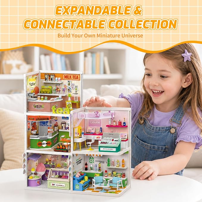 MINDNOOK DIY Miniature House Kit, LED Light-Up Dollhouse, Mini Dollhouse Building Set with Furniture, Craft Hobby Gift for Adults, Teens & Kids Ages 6+ (Milk Tea)
