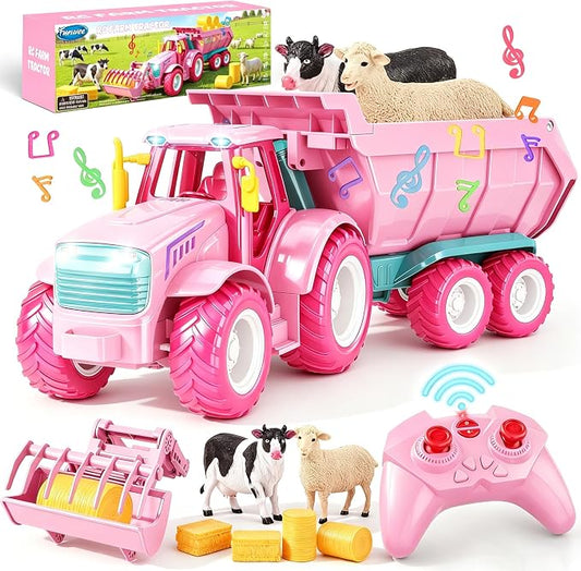 Funwee RC Farm Tractor Toy w/Light & Music, Kids Trailer Toy w/Front Loader & Farm Animal, 2.4GHz RC Tractor Truck Car for Boys & Girls, Toddler Vehicle Playset Age 3-8+ Year Old Gifts (Pink)