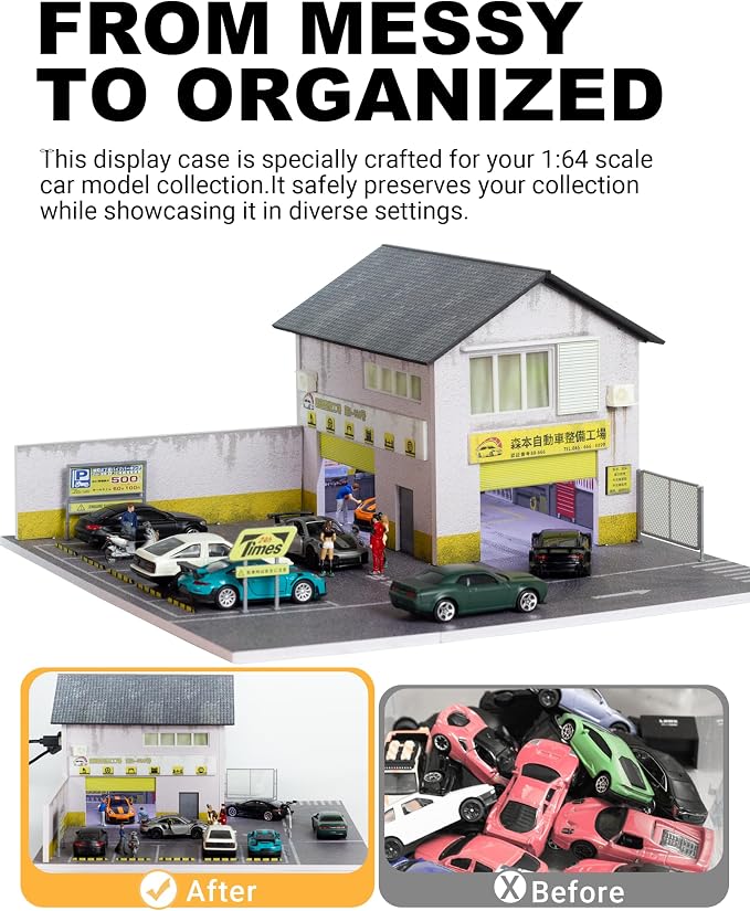 1/64 Scale Display Case Car Garage Model, Morimoto Factory Cover Diecast Diorama Box Decorative Miniature Scene with LED Light 5 Parking Spaces for Toy Car Display and Storage