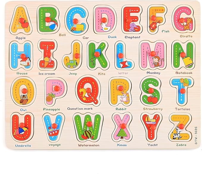 5-Pack | Alphabet, Numbers, Shapes, Vehicles & Fruits Wooden Puzzles for Toddlers 3-5 Years Old – ABC, 1-20, Shape, Vehicle & Fruit Learning Toy with Puzzle Board & Blocks, Educational Toy Gift