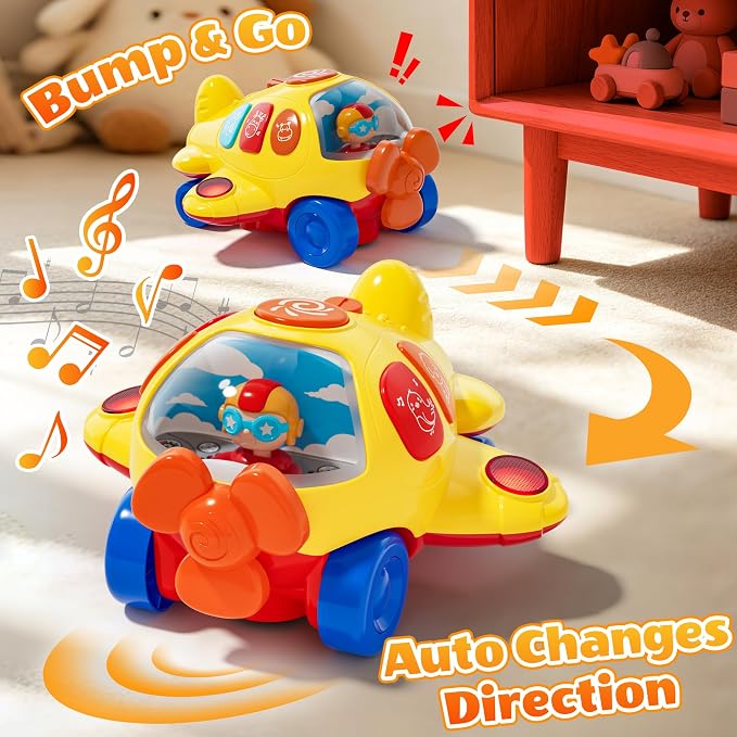 MORECOLL Baby Airplane Toy with Lights & Music, Bump & Go Baby Toys 6-12 Months, Interactive Moving Crawling Tummy Time Toys for 6 7 8 9 10 11 12 18 Months Babies, Birthday Gifts for Infants Toddlers