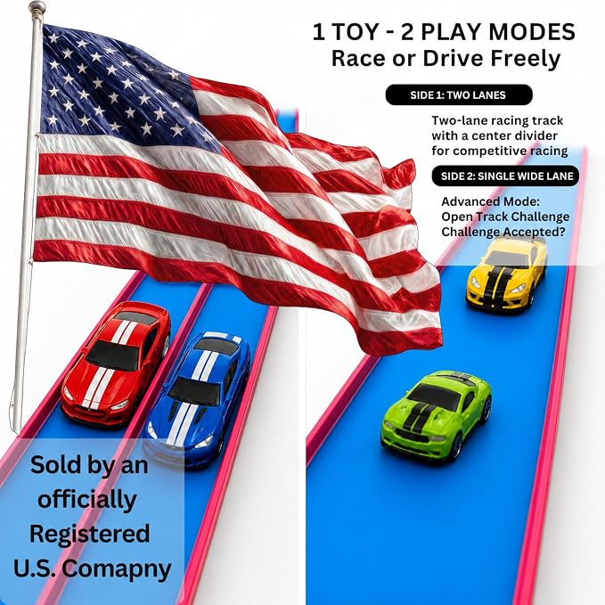 Flexible Race Track for Kids – Friendly Racing Competition, Double-Sided 1 & 2 Lane Track, Red - Blue Track, Roll-Up Design with Anchors, Build, Race & Win Fun, (No Cars Included)