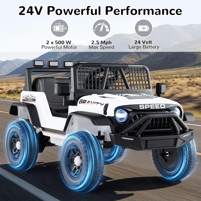 OLAKIDS 24V Ride on Car with Remote Control, Bluetooth, LED Lights, Horn, Spring Suspension, High/Low Speeds, Soft Start for Kids Aged 3+ (White)