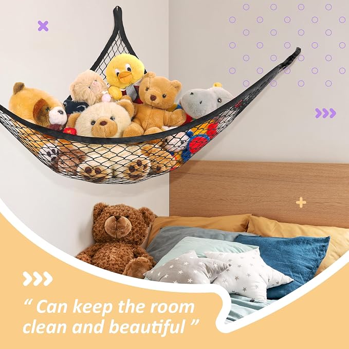 Lazebox Stuffed Animal Net Hammock for Plushie Toys, Stuffed Animal Hammock Corner for Kids' Room Decor, Ideas for Organizing Stuffy Collection, Black, L (67" x 40" x 40")-Pack of 1