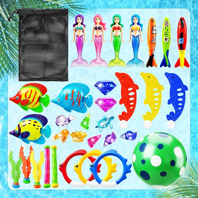 Jasonwell Pool Diving Toys Games - 32PCS Swimming Mermaid Pool Toys with Dive Rings Gems Beach Ball Underwater Treasures Torpedo Bandits Fish Swim Toy etc Bath Water Toy Training Gifts for Kids Adult