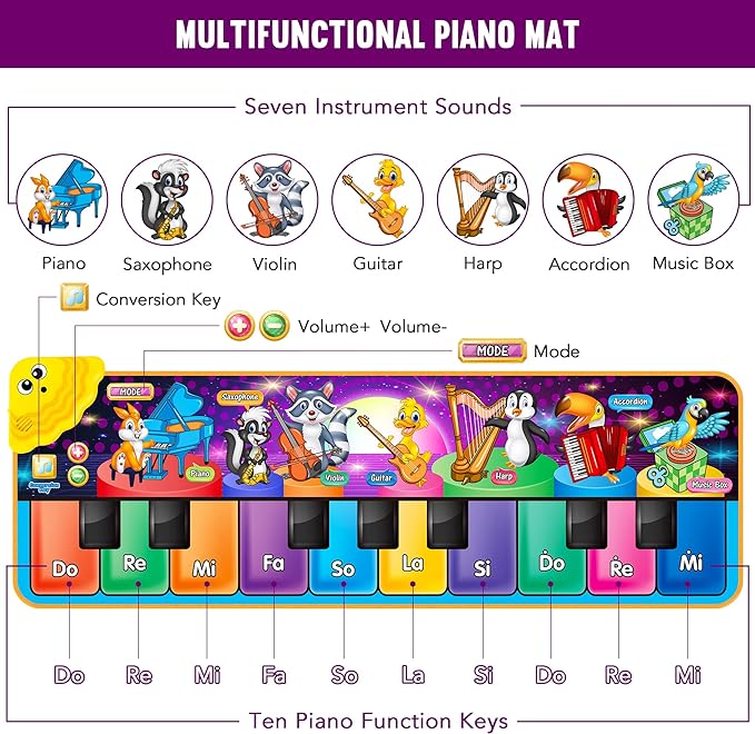 Kids Musical Piano Mats with 25 Music Sounds,Musical Toys Baby Floor Piano Keyboard Mat Carpet Animal Blanket Touch Playmat Early Education Toys for 1 2 3 4 5 6+ Year Girls Boys Toddlers