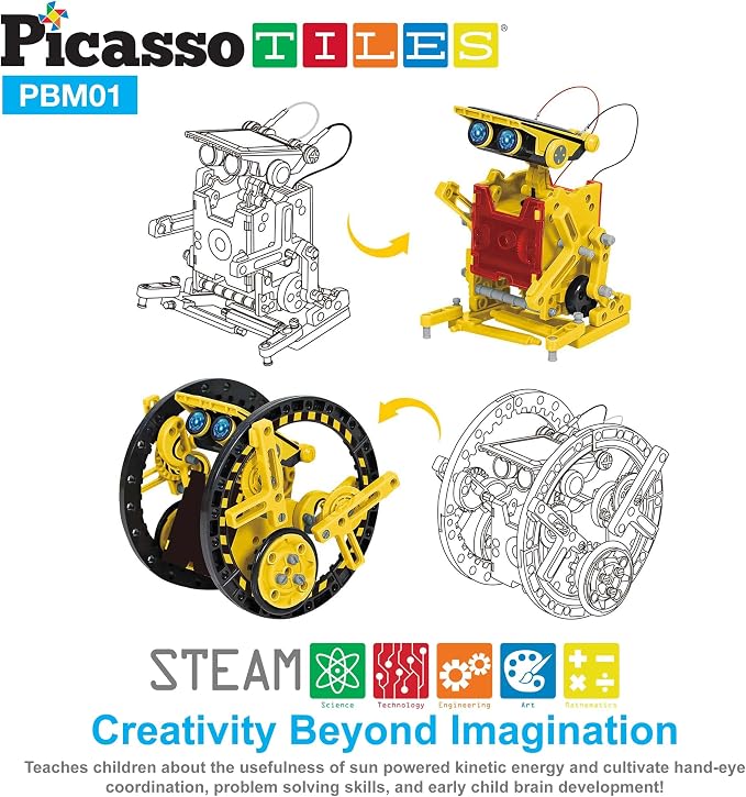 PicassoTiles 12-in-1 Solar Powered Transform Robot Set STEM Kids Educational Learning Engineering Building Toy Creative Unique Transformation Energy Science Experiment DIY Kit Boy Girl Age 8+ PBM01