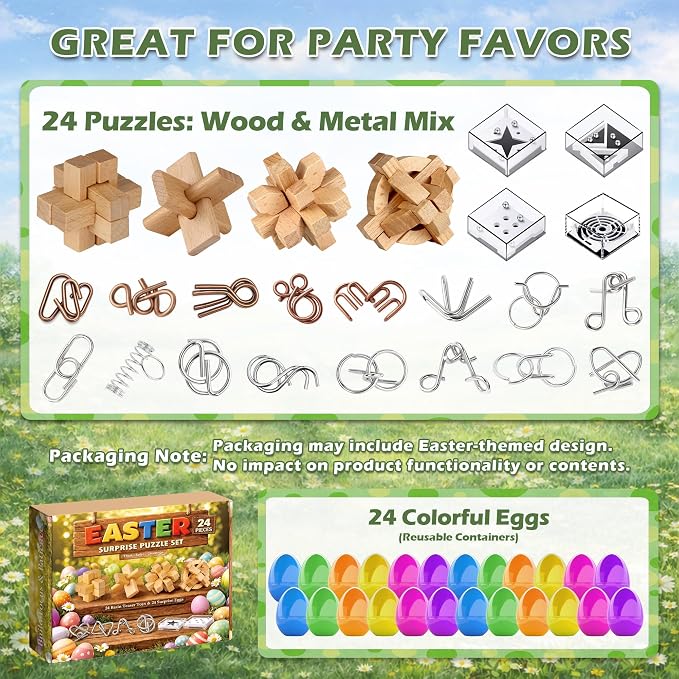 24 Pack Brain Teaser Puzzle Set, Metal & Wooden Puzzles with Balance Challenges, IQ Logic Games and Mind Teaser Toys Party Favors Return Gifts for Kids Teens and Adults
