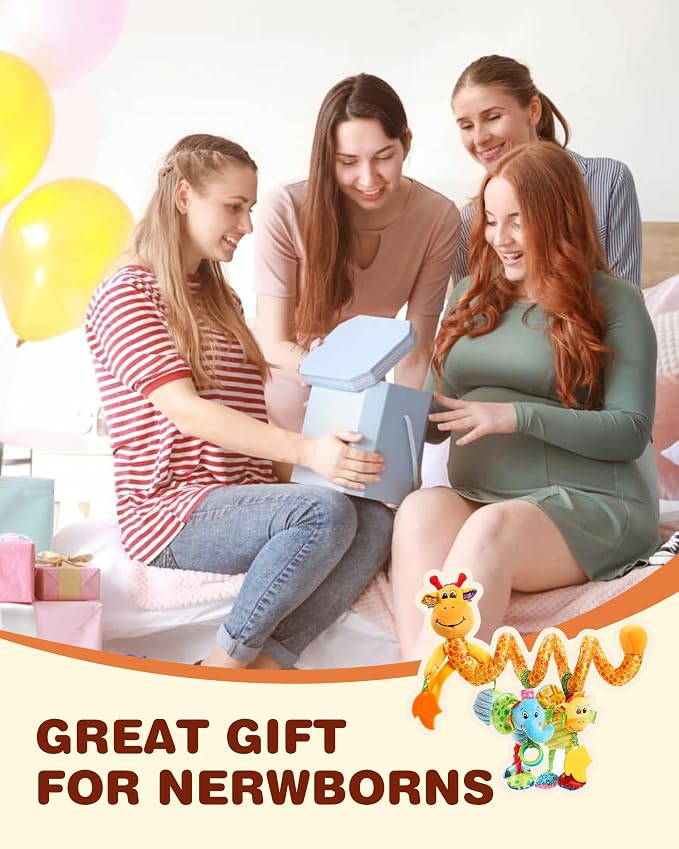 Jollybaby Crib Stroller Car Seat Toys for Baby 0-3-6-9-12 Months, Tummy Time Hanging Sensory Toys for Newborn with Music Box and Teether, Spiral Carseat Toy for Infant Boys Girls Gifts (Giraffe)