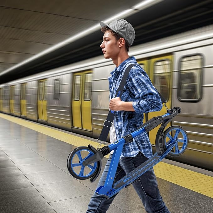 Outdoor Cruiser Kick Scooter for Ages 6+, for Kids, Teens, and Adults, Max Load 250 LBS, Foldable, 8-inch Wheels for Kids and Adults, Dual Suspension, 3 Adjustable Levels, Child Safety Approved, Blue