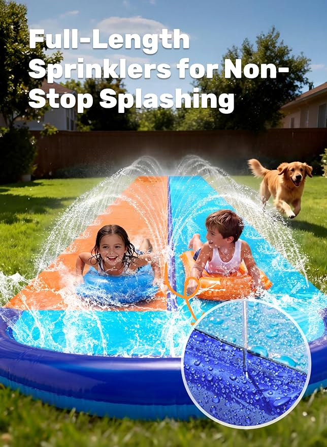 Sloosh 32.5FT Double Water Slides, Heavy Duty Lawn Slide with Sprinkler and 2 Inflatable Boards Backyard Yard Lawn Summer Outdoor Water Toy for Kids Adults