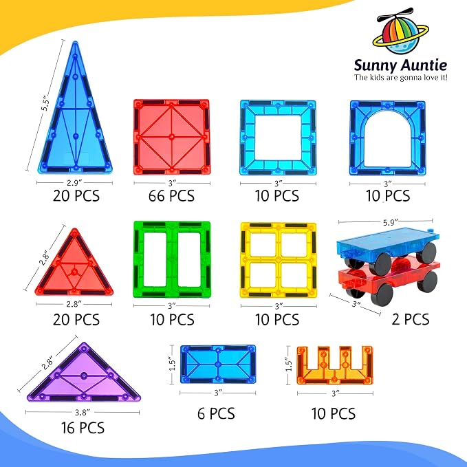 SUNNY AUNTIE Magnetic Tiles 180 PCS XL Set with Storage Bag – Magnetic Building Tiles for Kids Ages 3-8, STEM Magnet Construction Toy for Boys & Girls