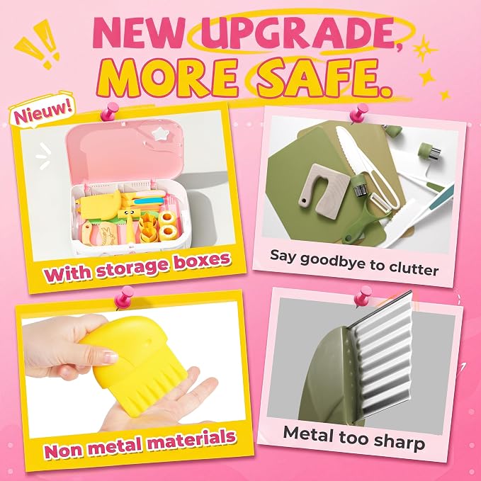 Montessori Kitchen Tools for Toddlers,Kids Knife for Real Cooking,Toddlers Knife Set with Storage Box Kids Safe Knives Children Cutting Set and Peeler,Montessori Toys for Kitchen Set -Pink