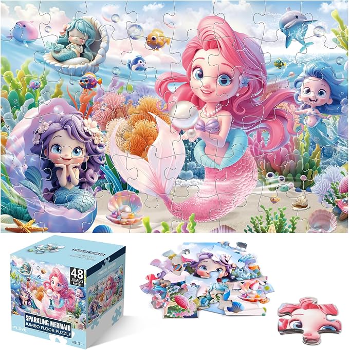 IFLOVE Mermaid Floor Puzzle for Kids — 48 Piece Jumbo Underwater Mermaid Jigsaw Puzzle, Ocean Fantasy Puzzle with Sea Creatures, Educational Toy Birthday for Girls Boys Ages 3-8