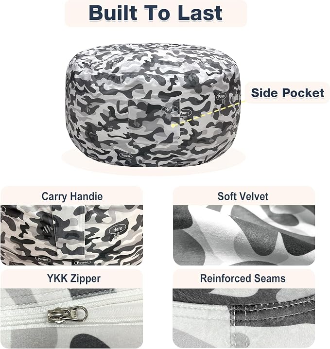 Lukeight Camo Stuffed Animals Storage Bean Bag Chair Cover for Adult Teen, Cozy Velvet Plush Toy Organizer Seat, Cover Only, No Filling Included, Long YKK Zipper, Side Pocket, XXX-Large 42 x 23 in