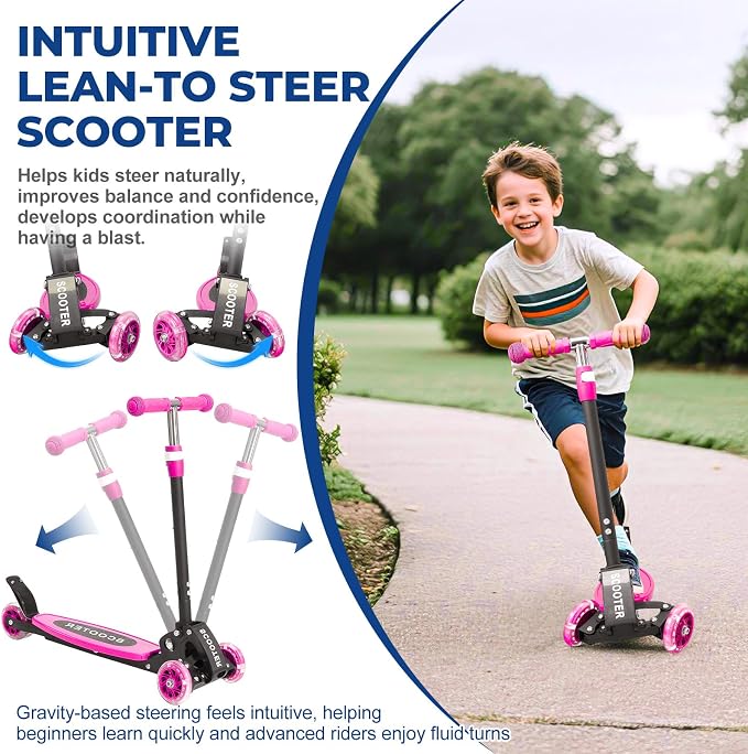 3 Wheel Scooter for Kids Ages 3-12, LED Light-Up Kids Kick Scooter–Portable Foldable, Adjustable Height, Durable Metal Construction, 6" Extra Wide Deck for Outdoor Activities,Child Safety Certified