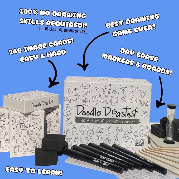 Doodle Disaster The Art of Miscommunication Board Game, Hilarious Party Game of Disastrous Communication, Describe, Interpret, Draw & Laugh Out Loud, 2-6 Players, Ages 12+