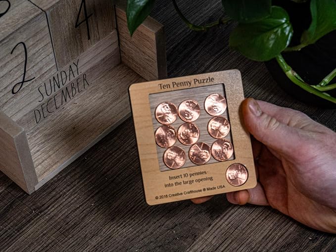 Creative Crafthouse 10 Penny Puzzle, Wood Coin Brain Teaser for Adults | Pack every penny flat into the tray. A coffee table and executive office challenge, gift ready for collectors