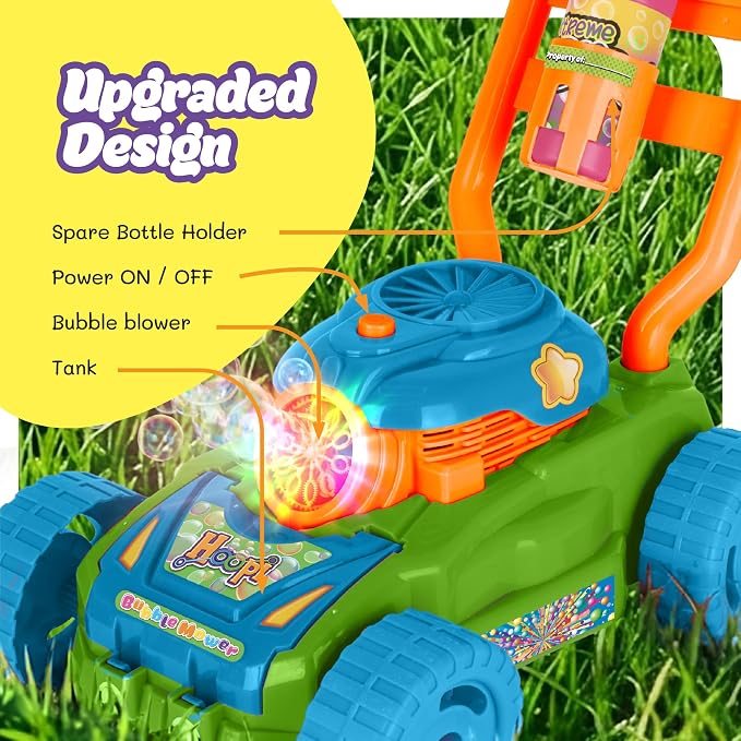 Hoopi Extreme Bubble Lawn Mower for Toddlers 1-3, Spill-Proof Kids Bubble Machine with Lights for 2-Year-Old Boy Birthday Gift, Bubbles Blowing Push Toddler Outdoor Toys for Ages 2-4 with 3 Bottles