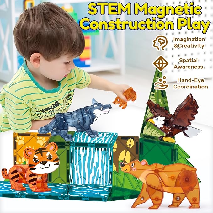 Oriate Magnet Wild Animals for Magnetic Tiles, 5pcs Movable Joints Zoo Animals for Magnetic Blocks, Animal Toys Compatible with Magnetiles, Educational Magnetic Building Tiles for Kids magnitiles