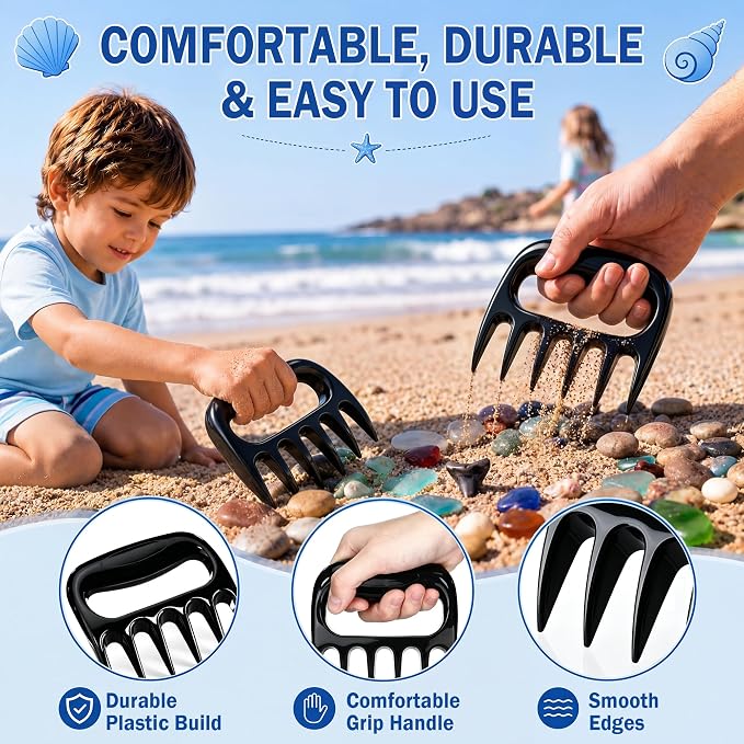 Shimeyao 2 Pcs Sand Flea Rake with Beach Collecting Bag, Sand Scoop with Shovel, Plastic Sands Sifter for Beach, Claw Rake Shell Scooper, Shark Teeth Digger for Picking Up Shell Sea Glass Hunting Tool