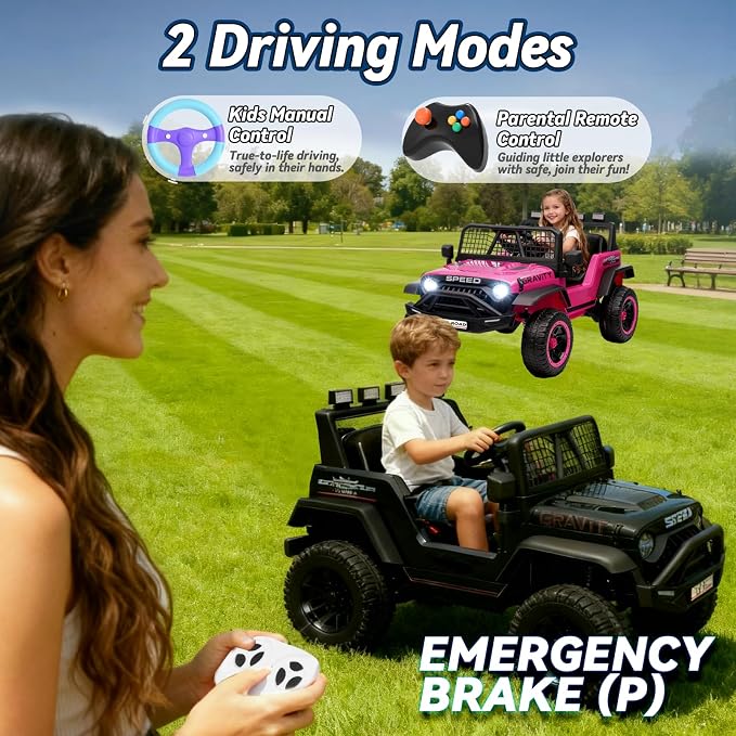24V Jeep Power Wheels w/Remote Control, 4WD Ride on Truck Car, 3 Speed, Bluetooth Music, Wide Seat, Spring Suspension, LED Light, Birthday for Boys Girls Toddler (D-Black)