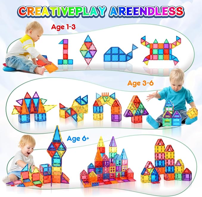 NVHH Magnetic Tiles for Kids Ages 3-5 4-8, Magnetic Building Blocks Toys for 3+ Year Old Boys Girls Toddlers,Colorful Preschool Educational STEM Learning Construction Stacking Christmas Birthday Gifts