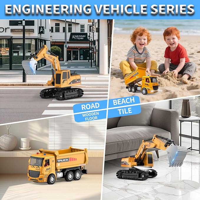 MQDMINI Remote Control Excavator and Dump Truck Toy Set - RC Construction Vehicles Toy with Barricades, Road Signs, Simulated Rocks, Lights and Sounds, Present for Toddlers 3-12 Year Boys Girls
