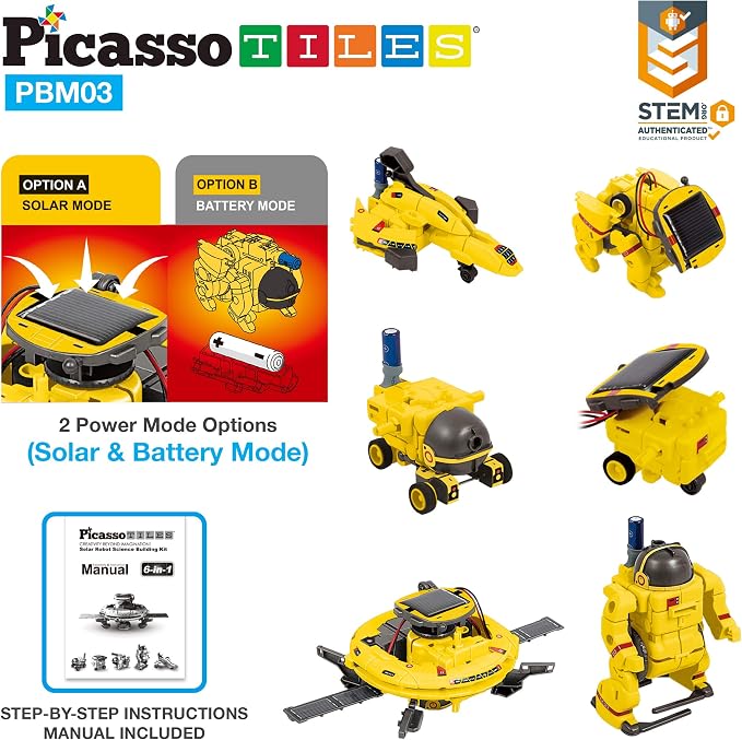 PicassoTiles STEM Kids Solar Powered Space Robot Educational Learning Engineering Building Toy 6-in-1 Creative Unique Transformation Renewable Sun Energy Science Experiment DIY Kit Boys Girls Age 8+