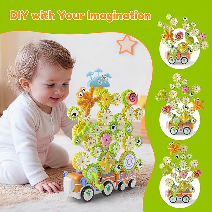 Gears Building Toys for Kids Ages 3+, STEM Construction Set for Toddlers, Train and Flower Models with Electric & Manual Modes, Lights and Music, DIY Educational Learning Toys Gift for Boys and Girls