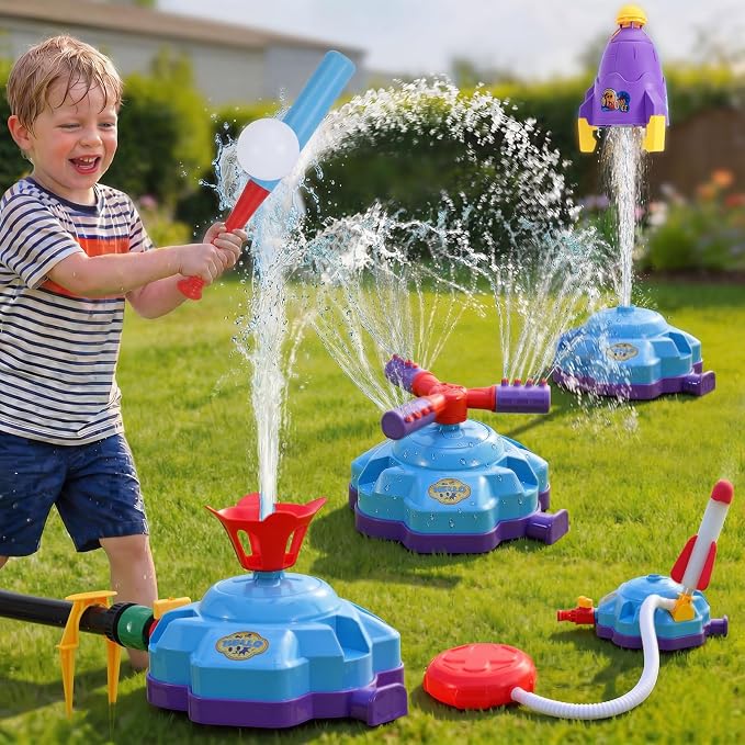 4-in-1 Water Sprinkler Toys for Kids, Outdoor Water Baseball, Rotating Water Spray, Rocket Launcher for Toddlers 3-5, Backyard, Garden, Lawn, and Pool Summer Playset for Boys and Girls Aged 4-12.