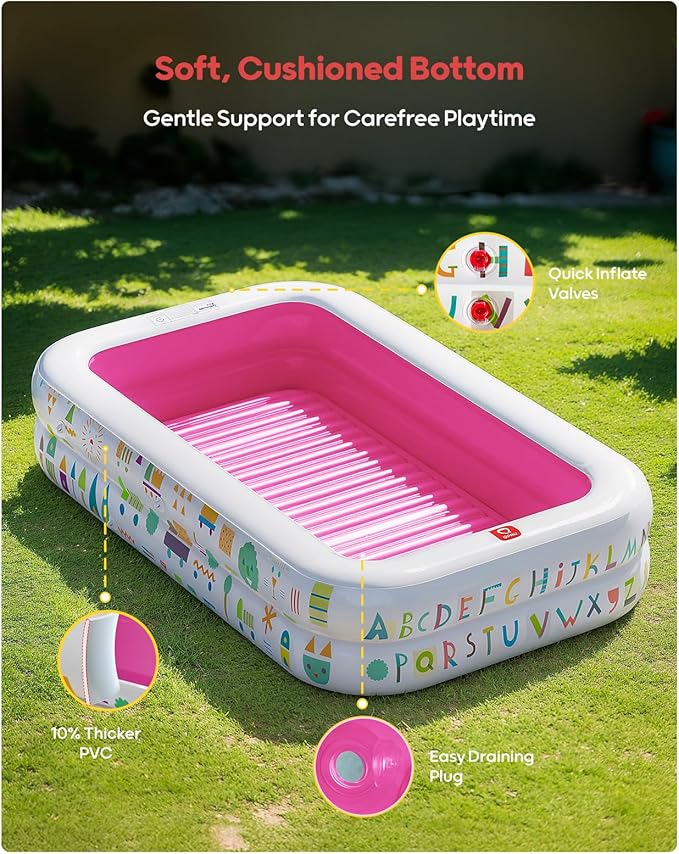 QPAU Kiddie Pool – 65" x 39" Inflatable Pool for Kids & Toddlers, Ball Pit & Baby Pool with Soft Cushioned Floor, Canopy for Sun Protection, Durable Outdoor Play Toys for Backyard & Indoor (Pink)