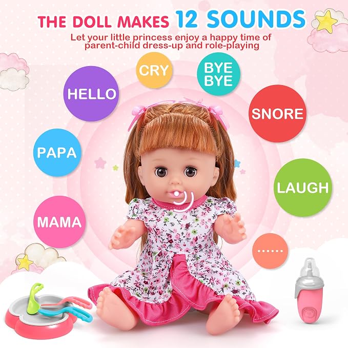 Baby Doll Toys Set, 14" Doll Toys, 25Pcs Dolls Care Toy Playset, Toddlers Toy Dolls Set Incl Cradle Crib, High Chair, Milk Bottle, Pacifier, Diaper, Baby Gift for Age 3 4 5 6+ Years Old Girls Boys
