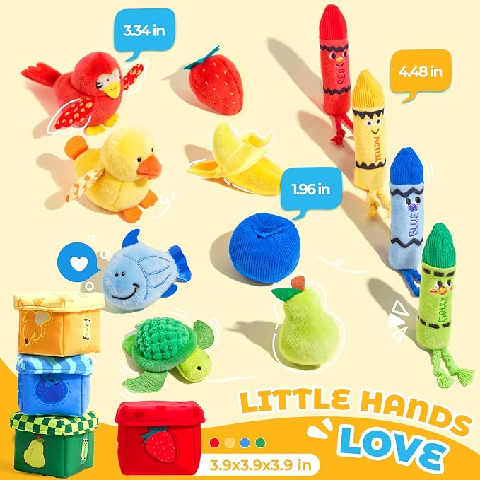 JoyCat Montessori Baby Toys 6-12 Months, 12 PCS Sensory Color Sorting Boxes with Animal Fruit Crinkle Crayon Pushies, First Learning Toys for 1 Year Old Baby Toys 0-12 Months