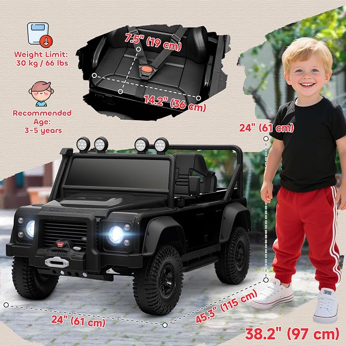 Qaba Land Rover 110SVX Licensed Electric Car for Kids, 12V Battery Powered Kids Ride On Car with Remote Control, Dual Motors, Spring Suspension, LED Lights, 3 Speeds Ride On Truck, Black
