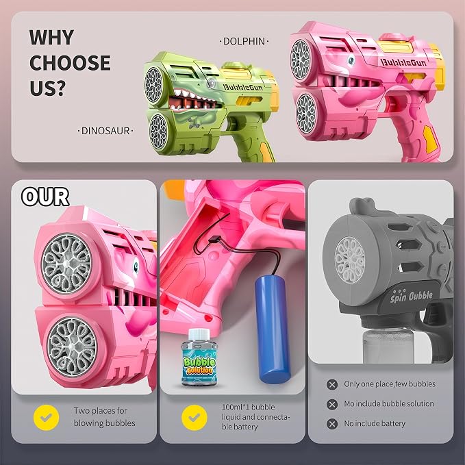 Rechargeable Pink Dolphin Bubble Guns for Kids, LED Light Up Bubble Machine Blower with Bubble Refill Solution for Kids, Bubble Makers Blaster for Toddlers, Summer Wedding Toys Gift