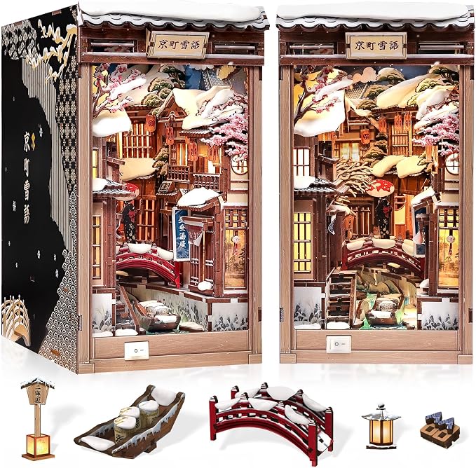 Cutefun DIY Book Nook Kit Kyoto Snow Whisper – Japanese Snow Scene 3D Wooden Puzzle Miniature Dollhouse Kit with LED Light, Bookshelf Insert Decor, Creative Gift for Adults, Teens & Book Lovers