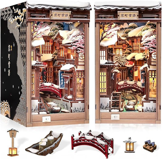 Cutefun DIY Book Nook Kit Kyoto Snow Whisper – Japanese Snow Scene 3D Wooden Puzzle Miniature Dollhouse Kit with LED Light, Bookshelf Insert Decor, Creative Gift for Adults, Teens & Book Lovers