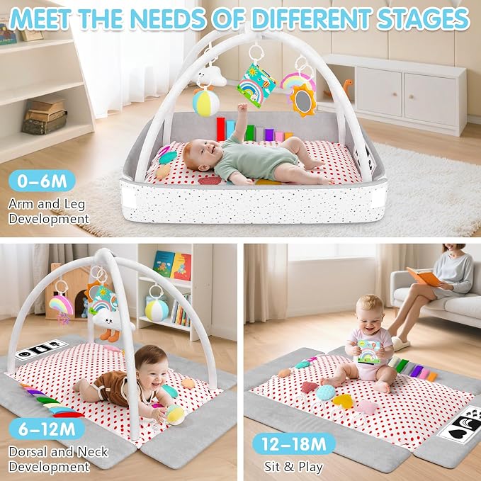 Baby Play Gym Mat Tummy Time Mat with 5 Detachable Activity Center Newborn Infant Babies Boy Girl Gifts for Babies Toys 0-3-6-12 Months Newborn Infant Babies Essentials Gift